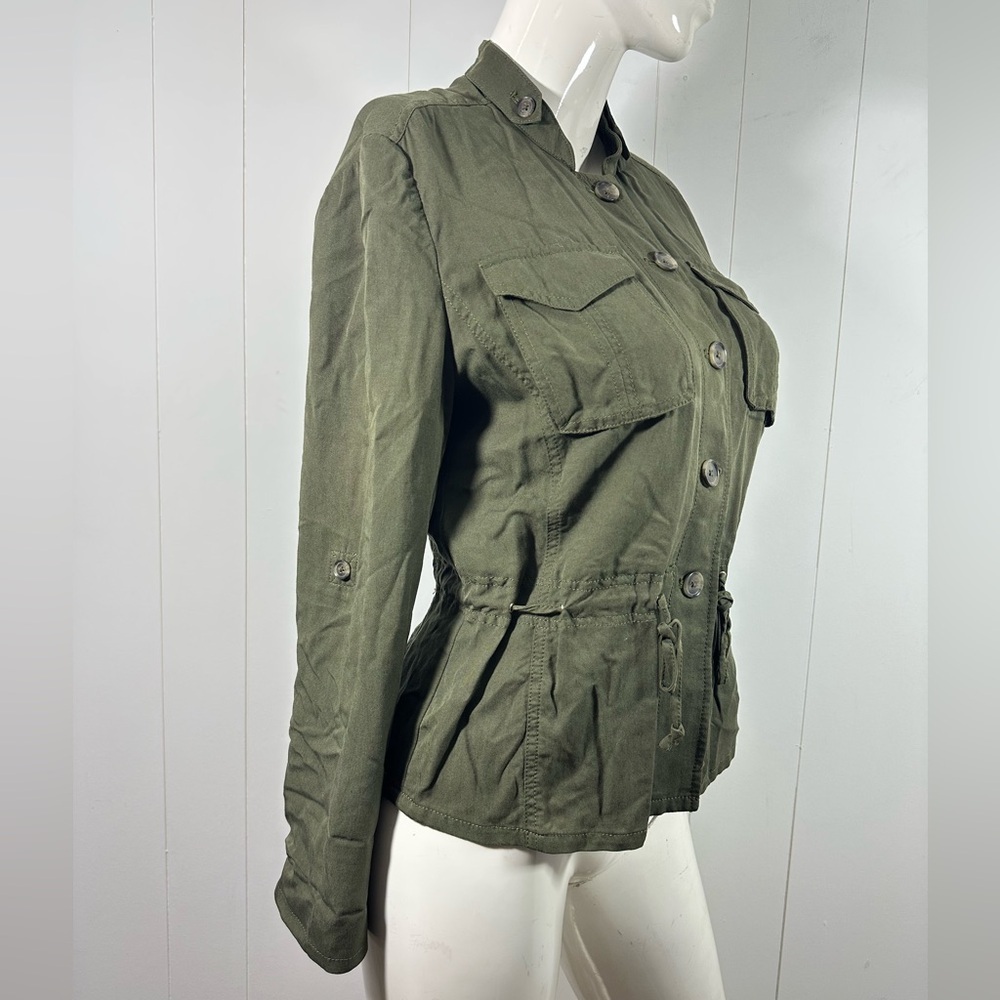White House Black Market Sz 6 Utility Jacket Shirt Army Green Roll Tab Sleeves - Picture 4 of 13